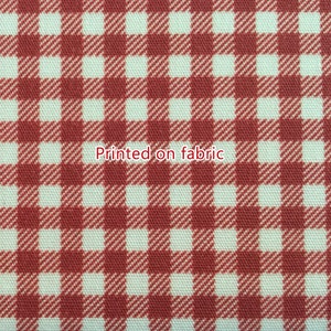 May include: Red and white gingham fabric with the text "Printed on fabric" in the center.