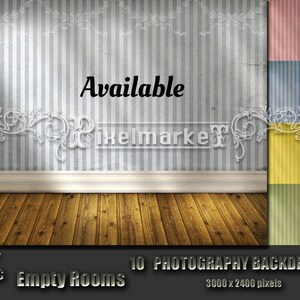 May include: A digital photography backdrop showing a room with a wooden floor and a striped wall. The word "Available" is displayed on the wall. Additional backdrops in pink, blue, and yellow are shown. The backdrop is 25.4cm x 20.3cm.