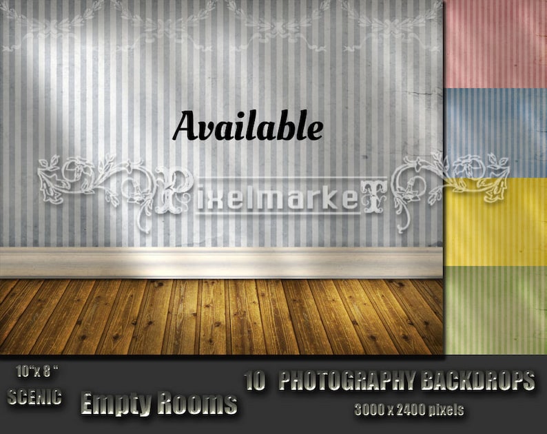 May include: A digital photography backdrop showing a room with a wooden floor and a striped wall. The word "Available" is displayed on the wall. Additional backdrops in pink, blue, and yellow are shown. The backdrop is 25.4cm x 20.3cm.