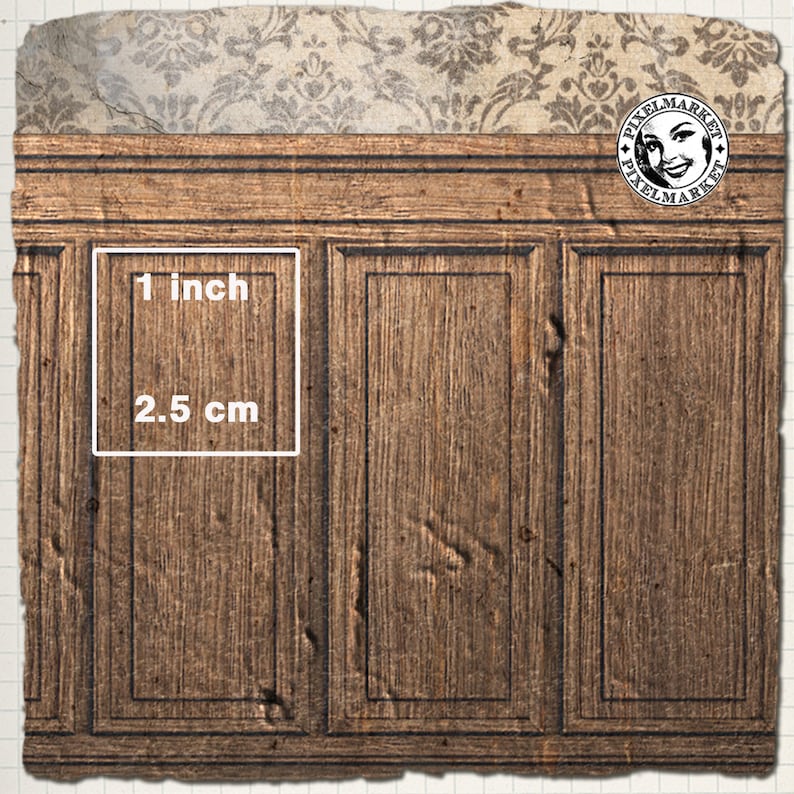 May include: A close-up of a wooden cabinet with three panels. The cabinet is painted a dark brown colour and has a distressed look. The panels are each 1 inch wide and 2.5 cm tall. The cabinet is topped with a decorative wallpaper border.