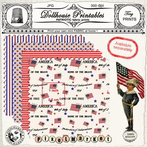 May include: Four digital printable patterns featuring red, white, and blue stars and stripes with the text "America 4th of July Home of the Brave" and "Declaration of Independence 1776" repeated. The patterns are 1 inch by 2.5 cm.