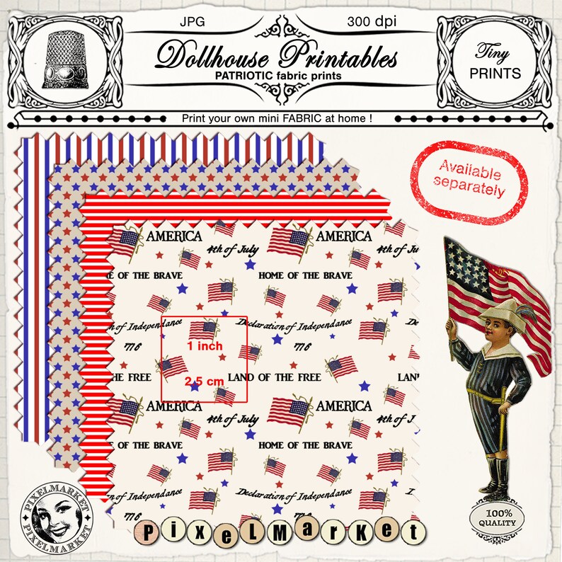May include: Four digital printable patterns featuring red, white, and blue stars and stripes with the text "America 4th of July Home of the Brave" and "Declaration of Independence 1776" repeated. The patterns are 1 inch by 2.5 cm.