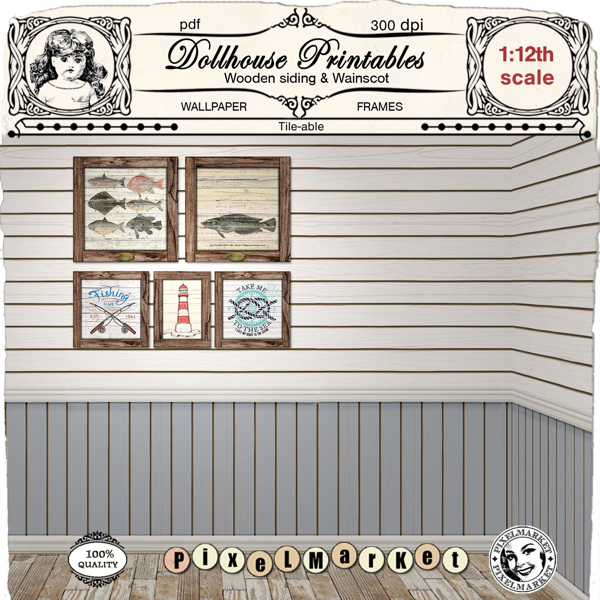 DOLLHOUSE Printable Coastal Beadboard Wallpaper Cabin Log | Etsy