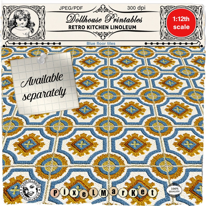 May include: A printable dollhouse floor tile pattern featuring a blue and yellow geometric design. The pattern is labeled "Retro Kitchen Linoleum" and "Blue floor tiles". The image also includes the text "Dollhouse Printables" and "1:12th scale".