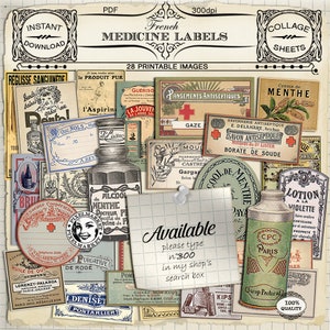 May include: A collection of 28 printable vintage French medicine labels. The labels feature illustrations of bottles, jars, and other apothecary items. The labels are in various colors, including red, blue, green, and yellow. The labels are perfect for scrapbooking, card making, and other craft projects.