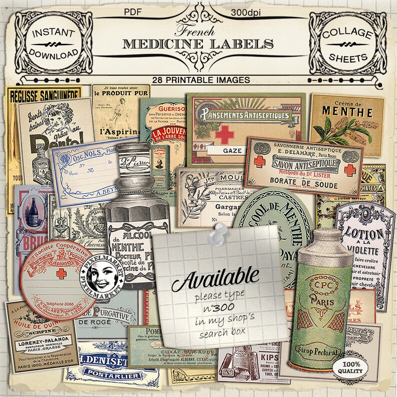 May include: A collection of 28 printable vintage French medicine labels. The labels feature illustrations of bottles, jars, and other apothecary items. The labels are in various colors, including red, blue, green, and yellow. The labels are perfect for scrapbooking, card making, and other craft projects.