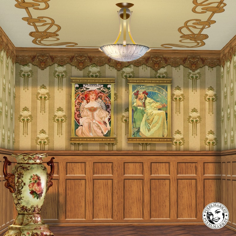 Dollhouse Art Nouveau Wallpaper and Panels Arts & Crafts Etsy