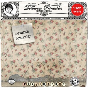 May include: A digital printable dollhouse wallpaper featuring a vintage floral pattern with red roses on a beige background. The wallpaper has a distressed, aged look and is available in JPG and PDF formats. The text "Available separately" is written on a note.