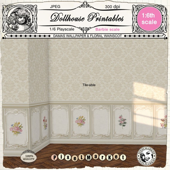 DOLLHOUSE Printable Barbie Scale Damask WALLPAPER With - Etsy