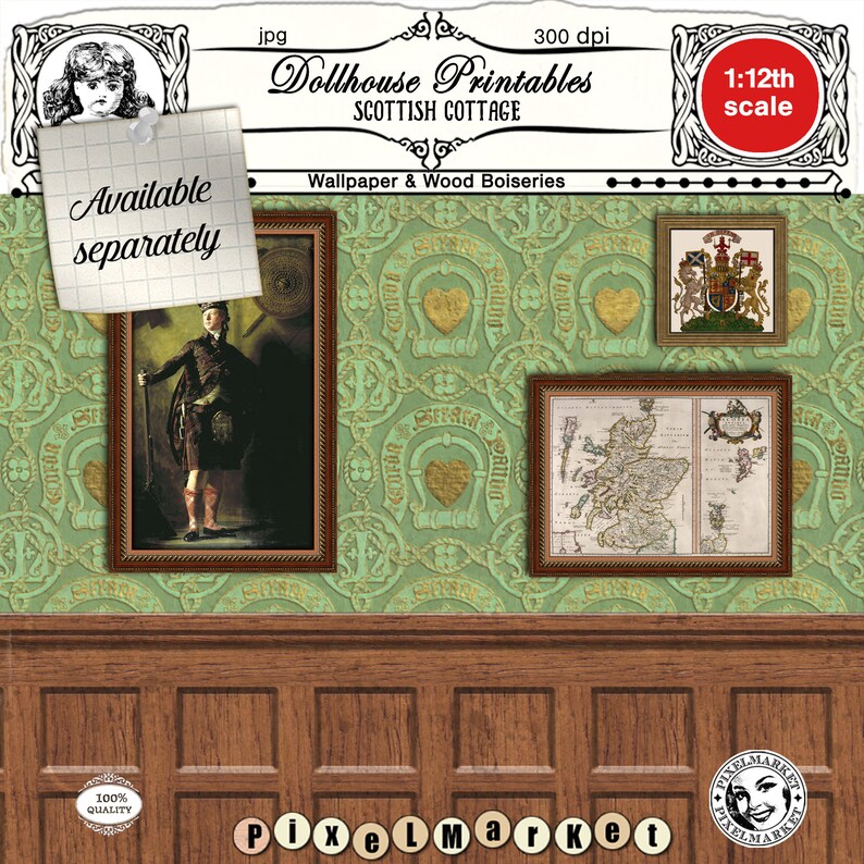 May include: A set of printable dollhouse wall decor featuring a Scottish cottage theme. The set includes a wallpaper design with a green and gold horseshoe pattern, a portrait of a man in a kilt, a map of Scotland, and a coat of arms. The set is designed for 1:12 scale dollhouses.