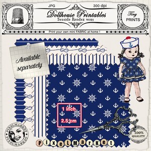 May include: Printable digital paper pack with nautical themed patterns. The patterns include anchors, ship wheels, stripes, and rope. The paper is 1 inch (2.5 cm) square and is available separately.  The text "Dollhouse Printables" and "Seaside Rendez vous" is at the top of the image.  The text "Tiny Prints" is at the top right of the image.  The text "Print your own mini FABRIC at home!" is in the middle of the image.  The text "Available separately" is in the upper left corner of the image.  The text "1 inch" and "2.5 cm" is in the lower right corner of the image.  The text "PIXELMARKET" is at the bottom of the image.