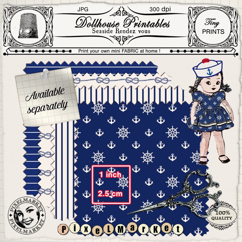 DOLLHOUSE Printable Nautical Fabric Prints Coastal Decor Etsy