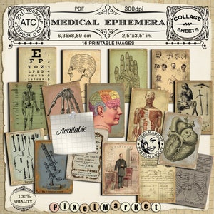 May include: A digital collage sheet with 16 printable images of vintage medical illustrations. The images include a human skeleton, a hand, a heart, a brain, a microscope, and various medical tools. The sheet is titled "Medical Ephemera" and is available for download.