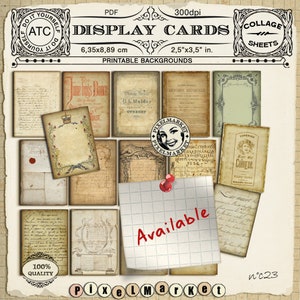 May include: A set of 12 printable vintage-style display cards, each measuring 2.5 inches by 3.5 inches. The cards feature various designs, including handwritten text, floral motifs, and ornate frames. The cards are perfect for adding a touch of vintage charm to your crafts, scrapbooking, or other projects.