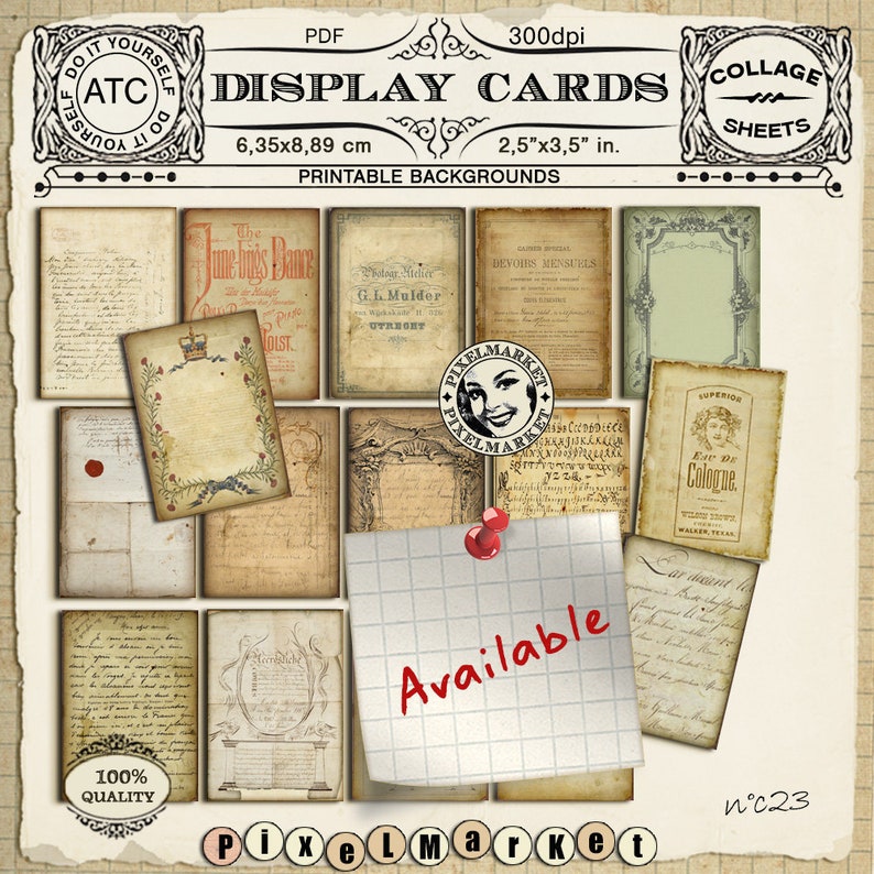 May include: A set of 12 printable vintage-style display cards, each measuring 2.5 inches by 3.5 inches. The cards feature various designs, including handwritten text, floral motifs, and ornate frames. The cards are perfect for adding a touch of vintage charm to your crafts, scrapbooking, or other projects.