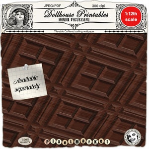 May include: A brown woodgrain patterned digital paper with a repeating geometric design. The paper is tile-able and suitable for dollhouse projects. The text "Dollhouse Printables" and "Manoir d'Aguessseau" is visible at the top of the image.