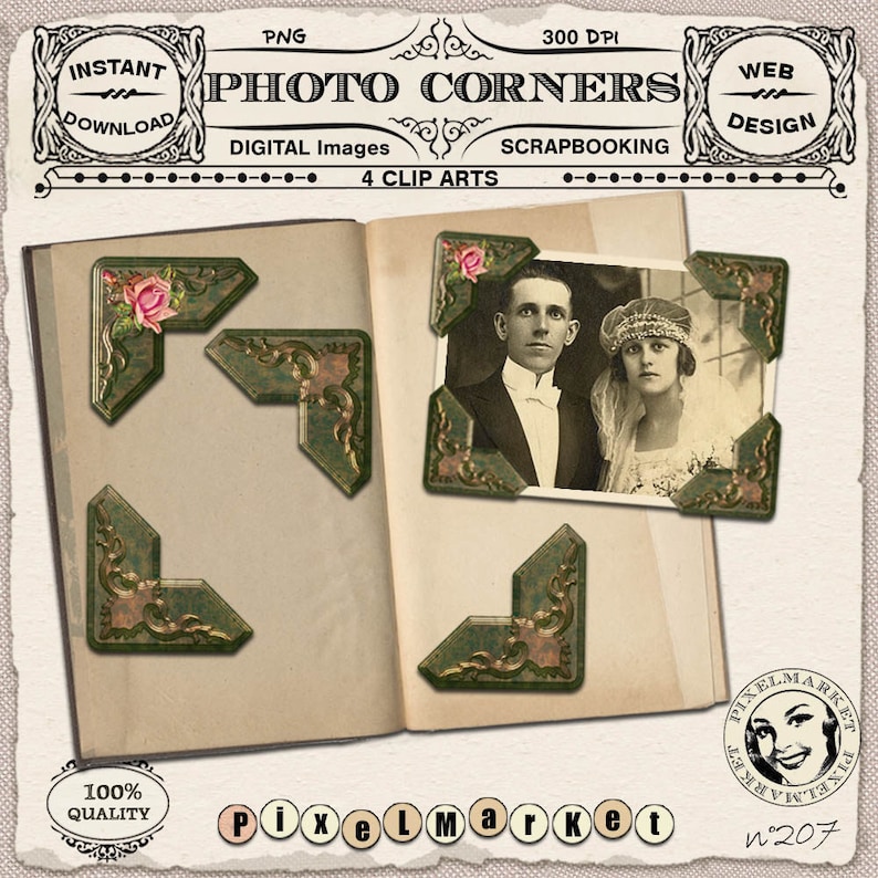 May include: Four green and gold photo corners with ornate designs and a pink rose accent. The corners are displayed on a book with a vintage photo of a couple.