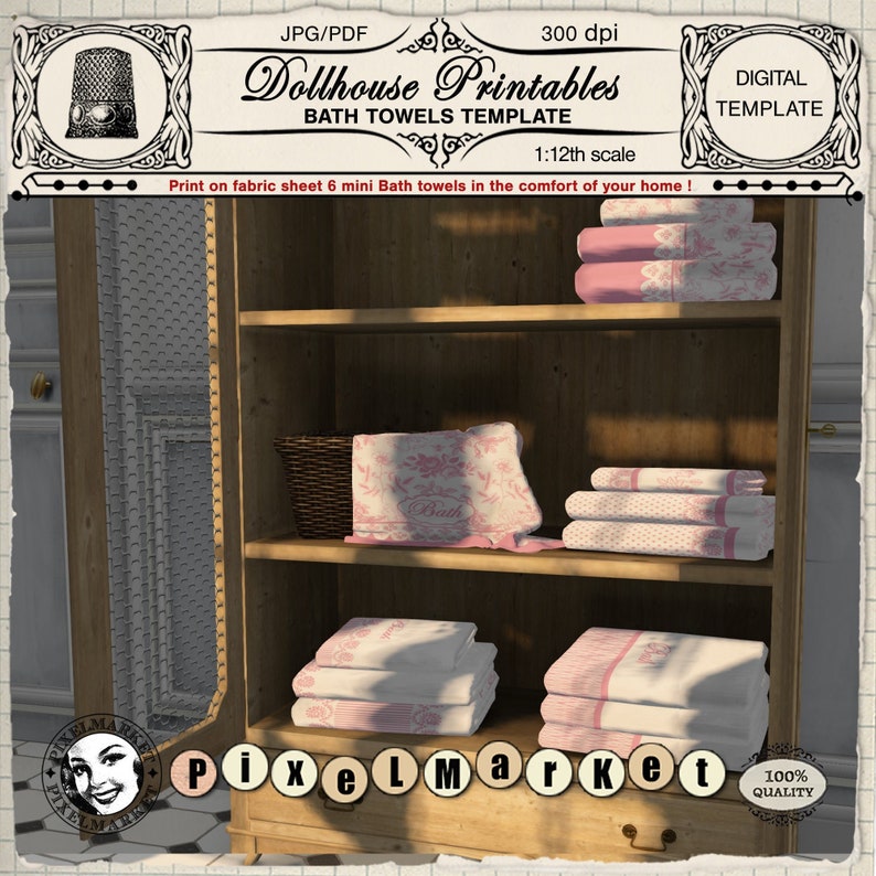 Dollhouse Miniatures Printable BATH TOWELS Digital Template to Etsy