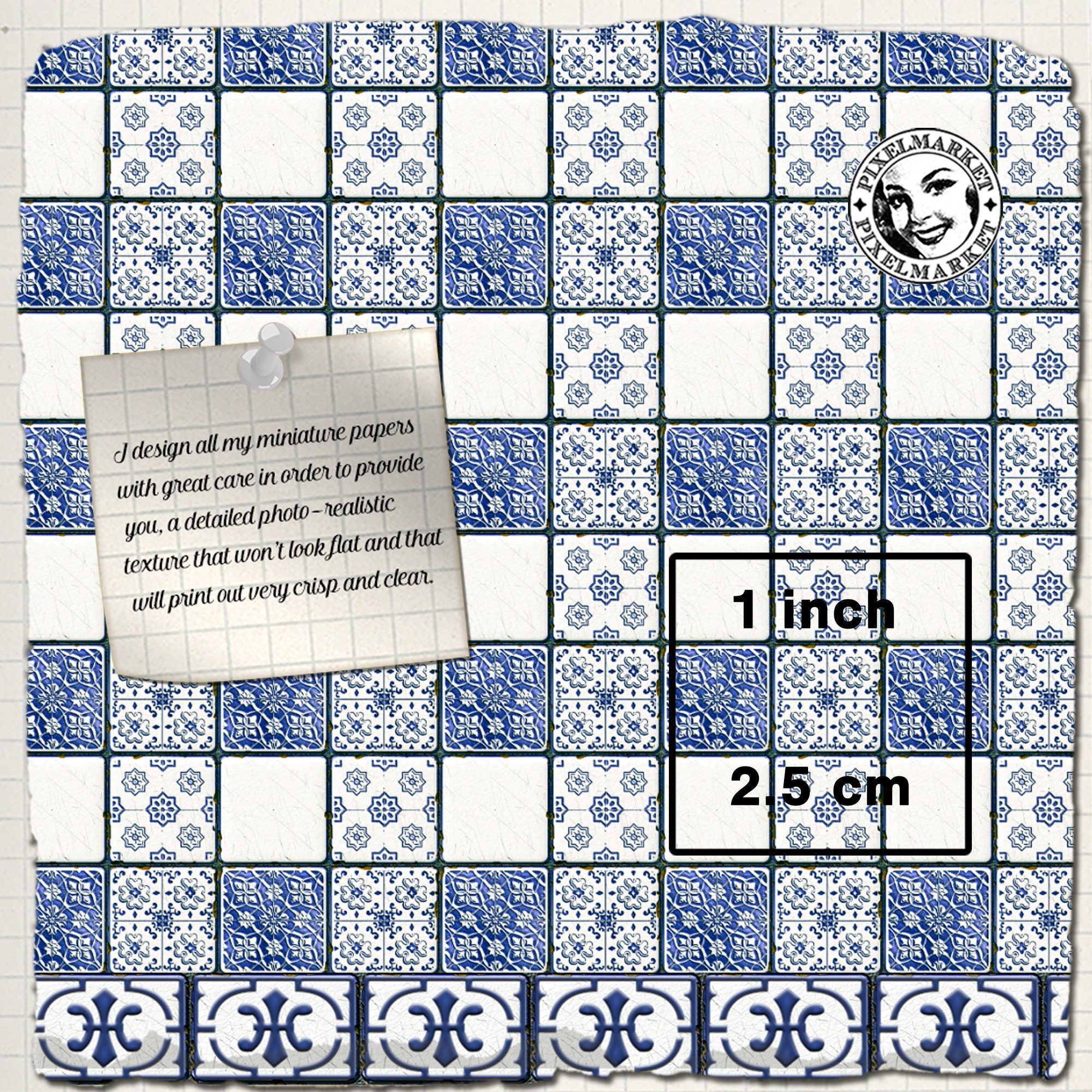 DOLLHOUSE Blue Kitchen wall tiles Printable WALLPAPERS border Etsy
