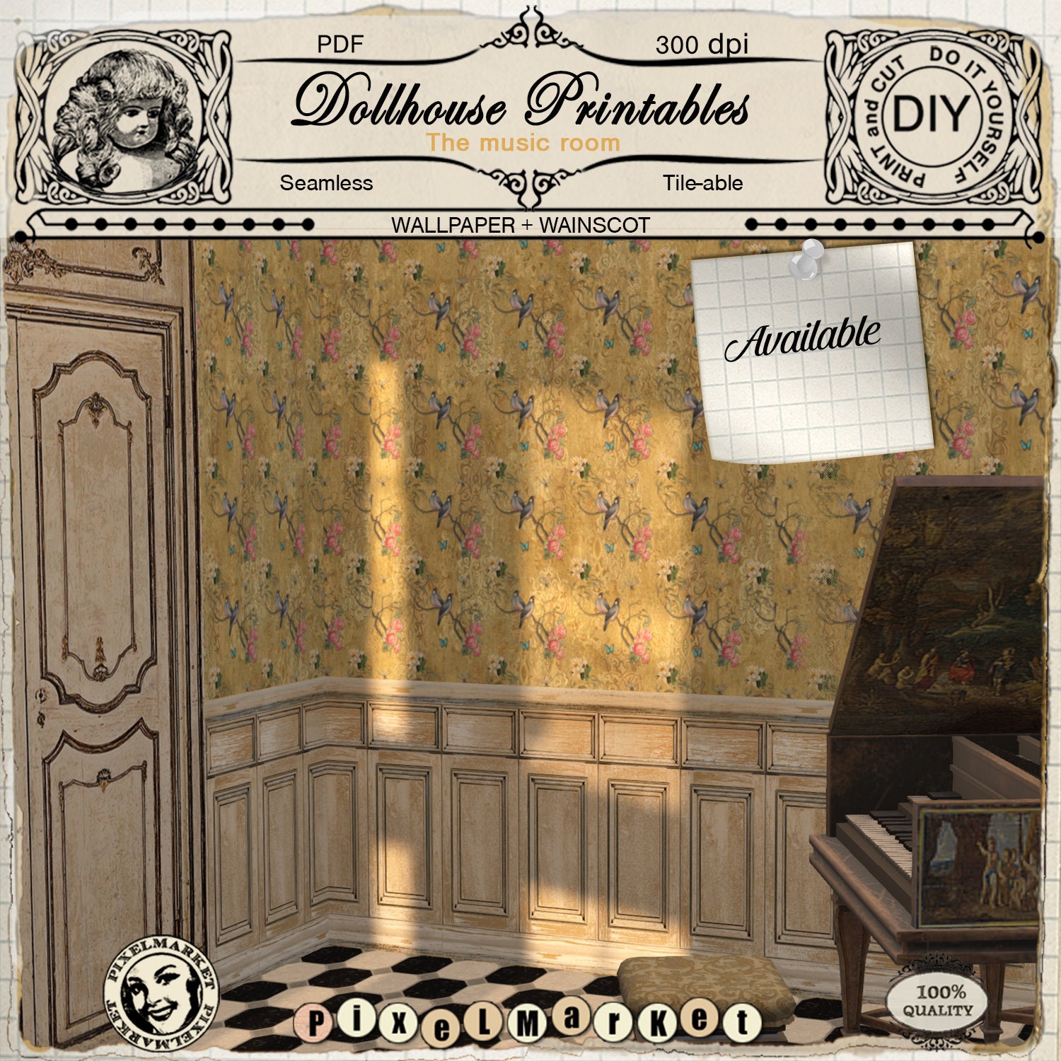 DOLLHOUSE Printable WALLPAPERS set with WAINSCOTING Blue Etsy