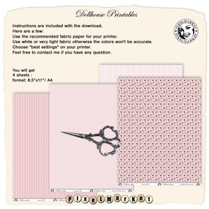 K&ouml;nnte beinhalten: Vier bedruckbare Bl&auml;tter f&uuml;r Puppenhausprojekte. Die Bl&auml;tter zeigen ein rosa-wei&szlig; gestreiftes Muster, einen rosa Hintergrund mit kleinen wei&szlig;en Punkten und einen rosa Hintergrund mit kleinen schwarzen Blumenmustern. Die Bl&auml;tter sind 8,5 Zoll mal 11 Zoll oder A4 gro&szlig;.
