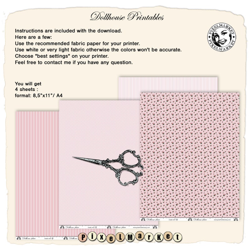 K&ouml;nnte beinhalten: Vier bedruckbare Bl&auml;tter f&uuml;r Puppenhausprojekte. Die Bl&auml;tter zeigen ein rosa-wei&szlig; gestreiftes Muster, einen rosa Hintergrund mit kleinen wei&szlig;en Punkten und einen rosa Hintergrund mit kleinen schwarzen Blumenmustern. Die Bl&auml;tter sind 8,5 Zoll mal 11 Zoll oder A4 gro&szlig;.