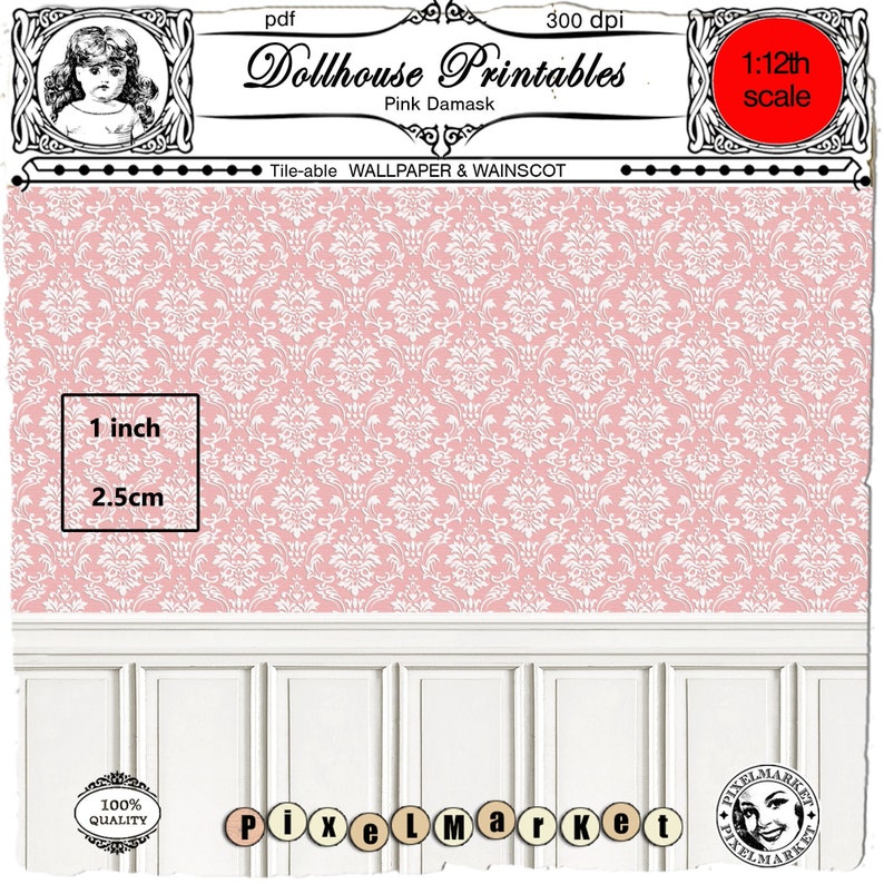 DOLLHOUSE printable WALLPAPER with WAINSCOTING Pink Damask Etsy