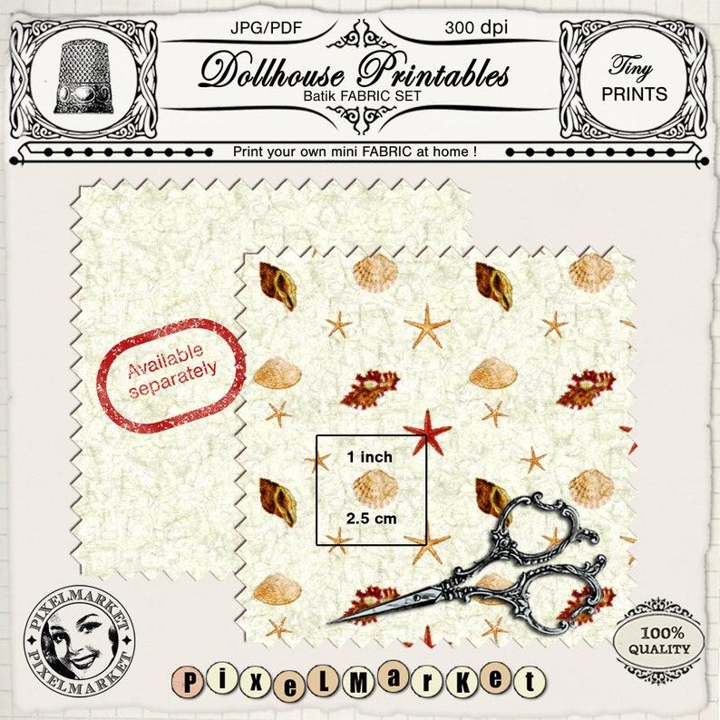 May include: A printable fabric design featuring a seashell and starfish pattern on a cream background. The design is available separately and is 1 inch by 2.5 inches.