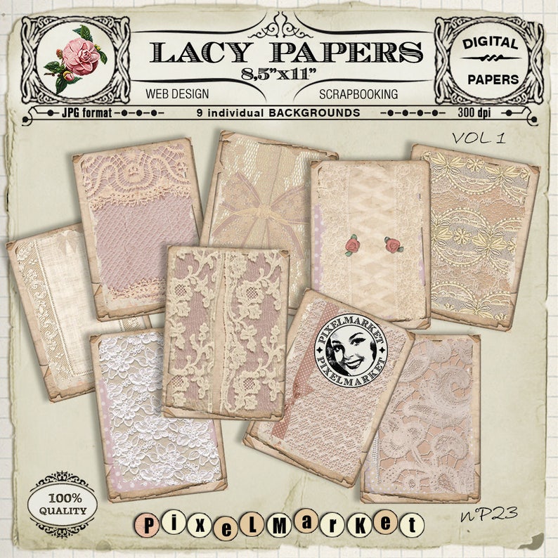 May include: Nine digital paper backgrounds featuring various lace patterns in shades of pink and white. The papers are 8.5 inches by 11 inches and are 300 dpi. The papers are labelled "Lacy Papers Vol 1" and "Pixelmarket n&deg;P23".