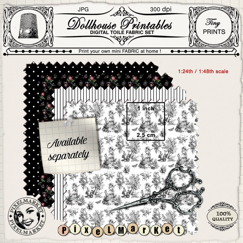MINIATURE Chinoiserie FABRICS Printable sheets for 1/24th scale dollhouse diorama roombox Digital download Print at home fabric image 9