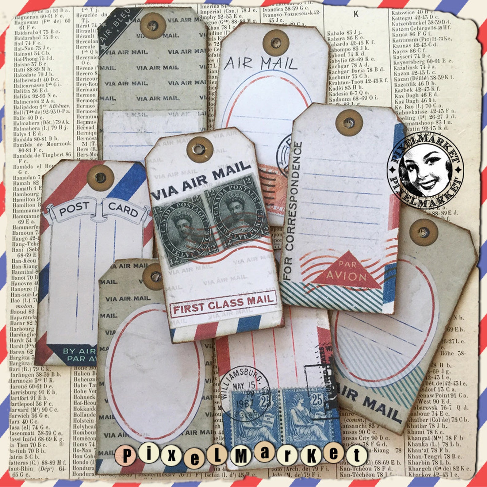 Air Mail TAG Set of 8 Correspondence Tag CLIPARTS Collage Etsy