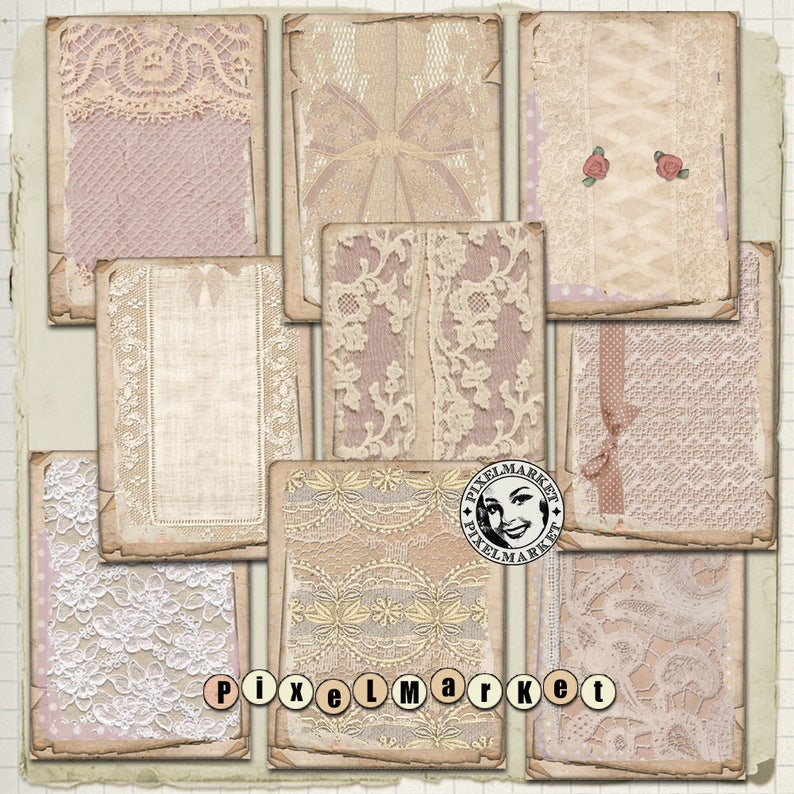 May include: A set of eight vintage-style digital paper backgrounds featuring delicate lace patterns in shades of pink and white. The papers have a distressed, aged look and are perfect for scrapbooking, card making, and other crafting projects.