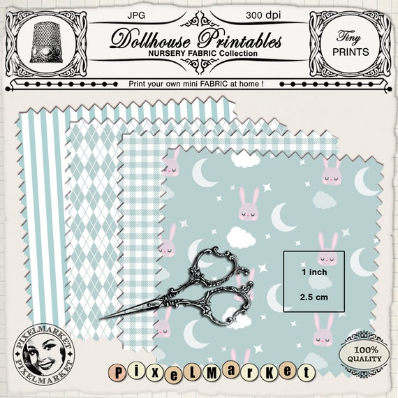 DOLLHOUSE printable miniature Nursery fabric prints Bunny Gingham Argyle Stripe print Kid fabric Digital download for 1/12 miniature model
