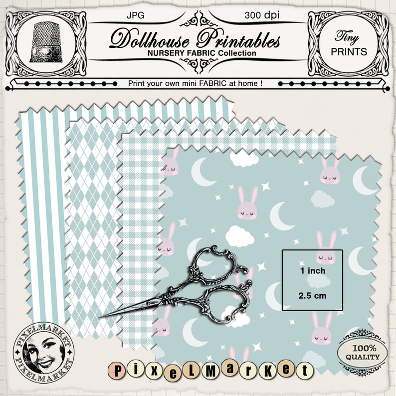 Peut inclure: Trois motifs de tissu de p&eacute;pini&egrave;re imprimables avec un fond bleu clair, des nuages blancs, des lapins roses et des croissants de lune blancs. Les motifs comprennent un motif ray&eacute;, un motif en losange et un motif vichy. Le texte "Dollhouse Printables" et "Tiny Prints" est inclus dans l'image.