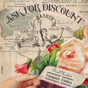May include: A vintage advertisement for a French cheese shop with the text "Ask for Discount" in large, bold letters. The ad features a drawing of an angel with wings and a bouquet of roses.