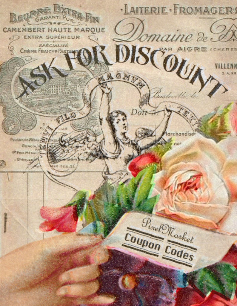 May include: A vintage advertisement for a French cheese shop with the text "Ask for Discount" in large, bold letters. The ad features a drawing of an angel with wings and a bouquet of roses.