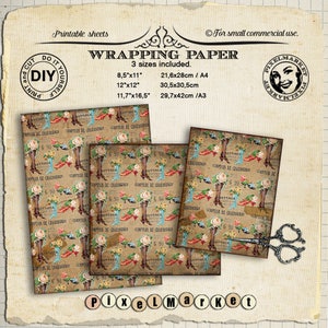 Op de afbeelding: Vintage stijl cadeaupapier met een herhalend patroon van laarzen, bloemen en de tekst "Comptoir de Chaussures" in het Frans. Het papier is verkrijgbaar in drie maten: 21,6 x 28 cm, 30,5 x 30,5 cm en 29,7 x 42 cm.