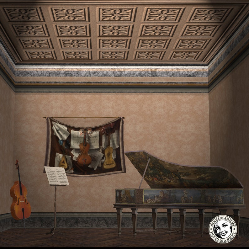 May include: A vintage-style room with a brown wooden ceiling, a tapestry with musical instruments, a music stand with sheet music, a cello, and a grand piano with a painted scene on the top.