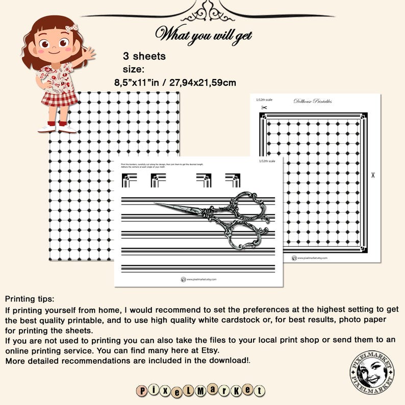 DOLLHOUSE Flooring ART DECO Bathroom 1/12 scale Black & White Floor tiles Printable download Digital sheet for Diorama Roombox image 7