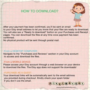 May include: A pink and white illustration of a girl with a red bow in her hair. The text "HOW TO DOWNLOAD?" is at the top of the image. The text below explains how to download digital files purchased on Etsy.