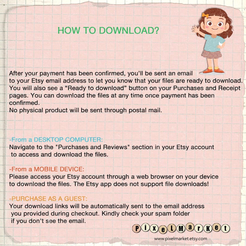 May include: A pink and white illustration of a girl with a red bow in her hair. The text "HOW TO DOWNLOAD?" is at the top of the image. The text below explains how to download digital files purchased on Etsy.