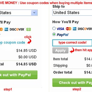 Op de afbeelding: Schermafbeelding van een online checkout-proces dat twee stappen laat zien. De eerste stap toont een checkout met een optie voor een winkelcouponcode. De tweede stap toont een checkout met een veld voor een couponcode en een knop "Toepassen". Beide stappen tonen een totaalbedrag van &euro; 14,85 en een groene knop met de tekst "Afrekenen met PayPal".