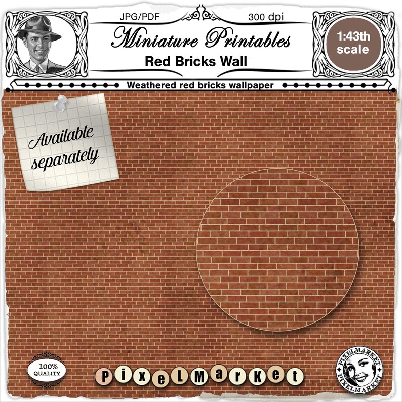 May include: A digital printable image of a weathered red brick wall. The image is 300 dpi and is available in JPG and PDF formats. The image is 1:43th scale and is perfect for miniature projects.
