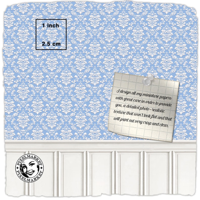 Printable Damask Wallpaper and Paneling Set - Elegant Blue Damask Wall Covering for 1/12 Rococo Decor, Dollhouse, Diorama, Roombox, Booknook image 5