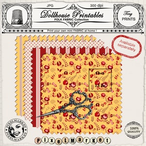 May include: A set of four printable dollhouse fabric patterns featuring a red and white striped pattern, a pink and white polka dot pattern, and two floral patterns with red roses on a yellow background. The patterns are 2.5 inches wide and are available separately. The text "Dollhouse Printables Folk Fabric Collection" is at the top of the image.