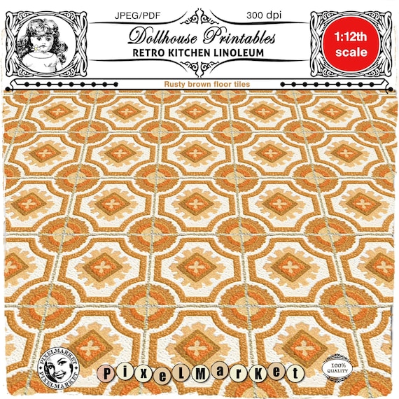 DOLLHOUSE Retro Linoleum 1/12 Printable 70's Kitchen Rusty Brown vinyl flooring Vintage floor tiles Instant download for dollhouse roombox
