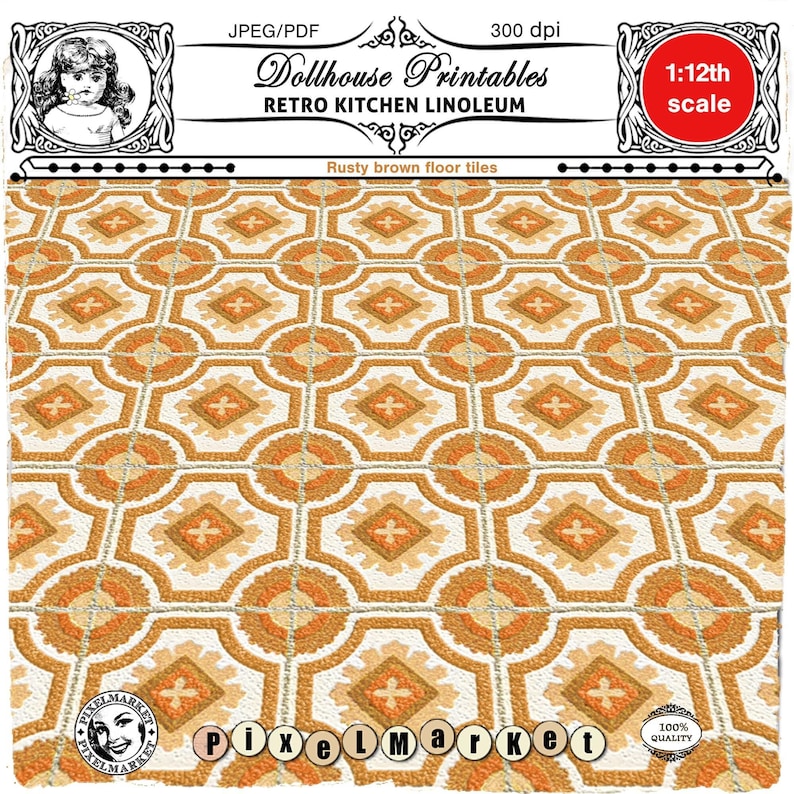 May include: Printable dollhouse flooring featuring a retro kitchen linoleum design with rusty brown floor tiles in a geometric pattern. The image text reads "Dollhouse Printables Retro Kitchen Linoleum 1:12th scale Rusty brown floor tiles".