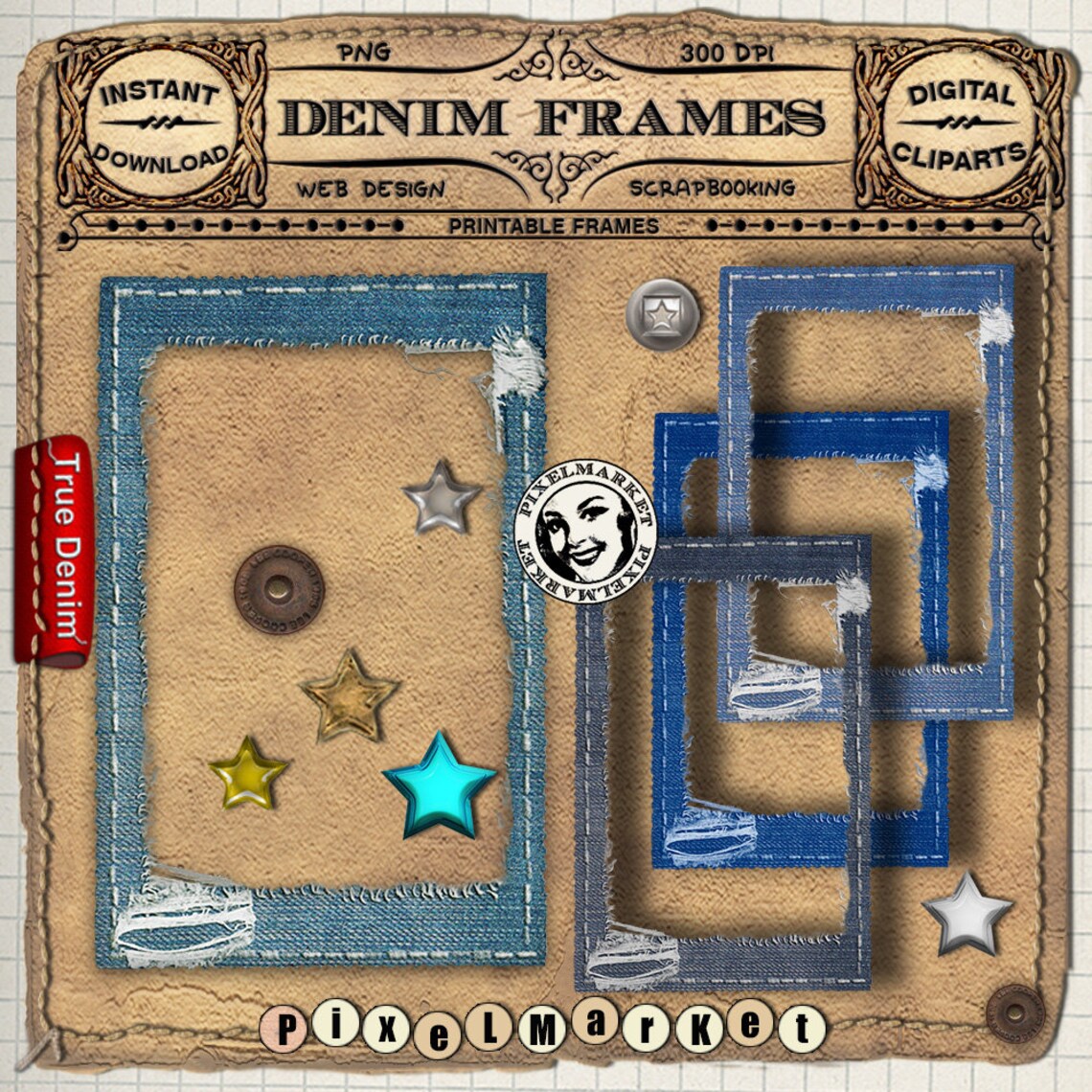 Denim Framelayout Denim FRAME Cliparts KIT Distressed Denim Picture FRAME Printable ...