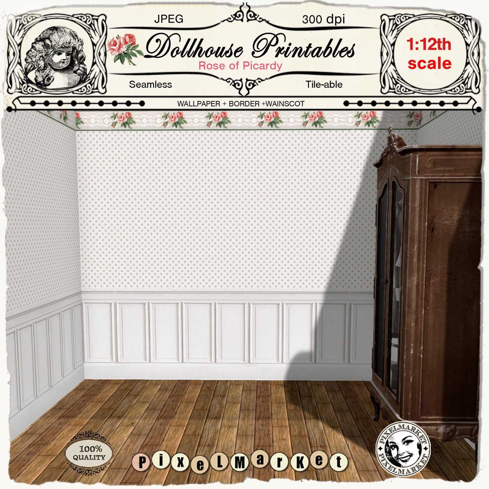 Dollhouse 1/12 Miniature WALLPAPER With Rose Floral BORDER and WAINSCOT ...
