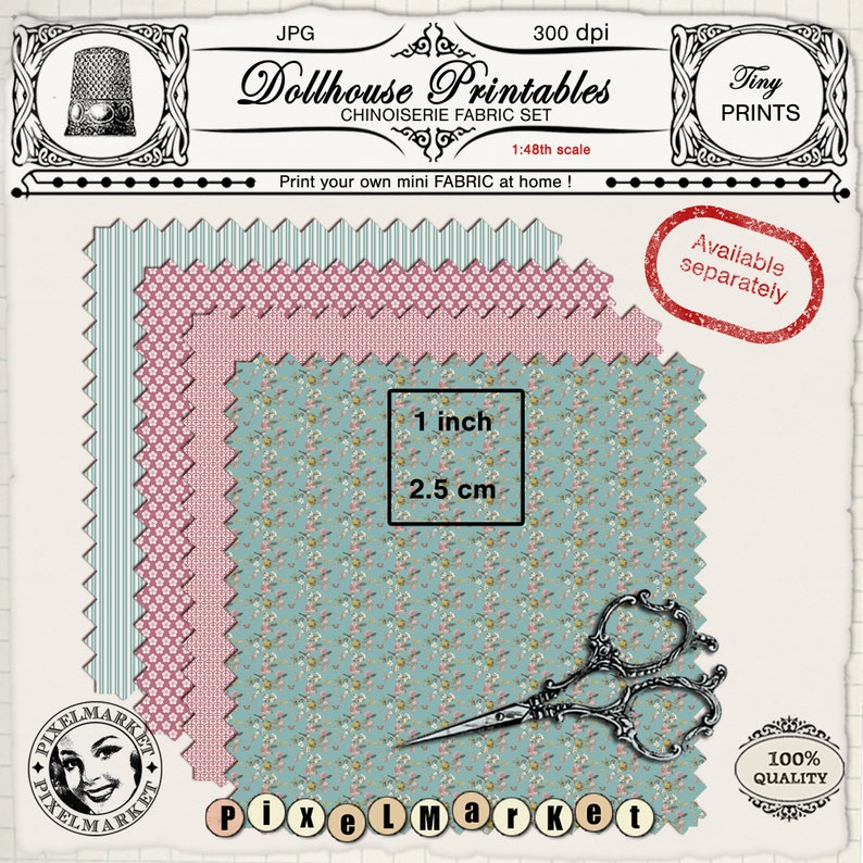 MINIATURE Chinoiserie FABRICS Printable sheets for 1/24th scale dollhouse diorama roombox Digital download Print at home fabric image 10